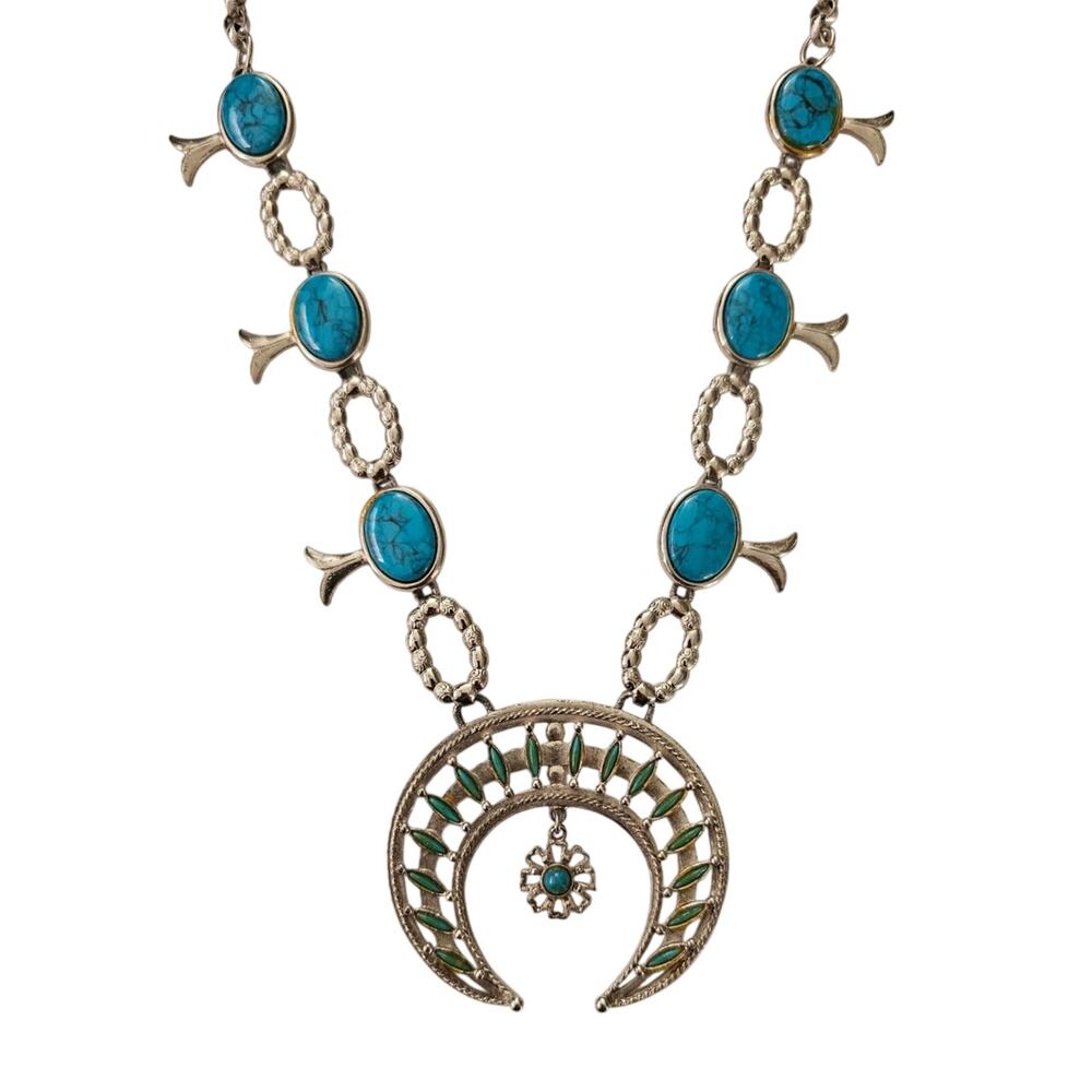 Vintage 1970s Faux Turquoise Squash Blossom Necklace Silver Tone Naja